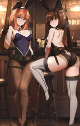Rule 34 | 2girls, ass, ass cutout, bar (place), battle rifle, black corset, blue corset, bolt action, breasts, brown eyes, brown hair, butt crack, clothing cutout, corset, dgkamikaze, fishnet pantyhose, fishnets, girls&#039; frontline, green eyes, gun, heart cutout, highres, leotard, looking at viewer, m14, m14 (girls&#039; frontline), m1903 springfield, medium breasts, multiple girls, pantyhose, playboy bunny, rifle, springfield (girls&#039; frontline), thighhighs, thighs, united states marine corps, weapon, white thighhighs