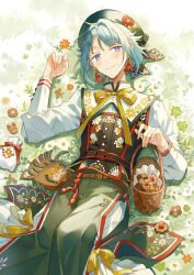 Rule 34 | 1boy, basket, belt, beret, blue hair, bow, bowtie, brown belt, buttons, closed mouth, commentary, cookie, earrings, ensemble stars!, fingernails, flower, food, hat, high collar, jewelry, long sleeves, lying, male focus, neck ribbon, on back, on grass, purple eyes, red bow, red bowtie, red ribbon, ribbon, seuga, shino hajime, short hair, solo, white flower, yellow ribbon