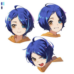 Rule 34 | 1girl, absurdres, blue eyes, blue hair, closed mouth, commentary, english commentary, hair ornament, hairclip, heterochromia, highres, looking at viewer, multiple views, nervous, ooto ai, open mouth, portrait, short hair, shouting, simple background, smile, sweat, triangle hair ornament, white background, wonder egg priority, yellow eyes, yoon cook