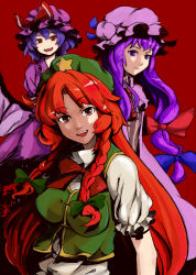 Rule 34 | 3girls, :d, bad id, bad pixiv id, beret, bow, braid, china dress, chinese clothes, dress, embodiment of scarlet devil, fang, female focus, green dress, hair bow, hat, hong meiling, long hair, looking at viewer, mob cap, multiple girls, open mouth, patchouli knowledge, purple eyes, purple hair, red eyes, red hair, remilia scarlet, shibasaki shouji, short hair, simple background, smile, star (symbol), touhou, twintails, vampire, very long hair