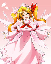 Rule 34 | 1girl, alternate hairstyle, blonde hair, blush, breasts, dress, closed eyes, female focus, hat, hemogurobin a1c, hemogurobina1c, lily white, long hair, open mouth, pointy ears, smile, solo, touhou, twintails, wings