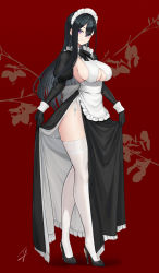 Rule 34 | 1girl, alternate costume, apron, black dress, black footwear, black gloves, black hair, breasts, classy-black-haired girl (hayabusa), closed mouth, clothing cutout, dress, elbow gloves, enmaided, frills, from side, full body, gloves, hair between eyes, hayabusa, high heels, highres, large breasts, long hair, looking at viewer, maid, maid apron, maid headdress, mole, mole on breast, mole under eye, mole under mouth, original, purple eyes, red background, side slit, signature, skirt hold, smile, solo, standing, thighhighs, thighs, underboob cutout, white thighhighs