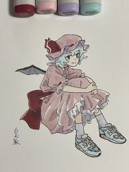 Rule 34 | alternate footwear, arms on knees, art tools in frame, bat wings, blue footwear, blue hair, dress, frilled dress, frills, hat, hat ribbon, highres, mob cap, pink hat, red eyes, red ribbon, remilia scarlet, ribbon, shiratama (hockey), shoes, short hair, sitting, smile, sneakers, touhou, traditional media, translated, wings
