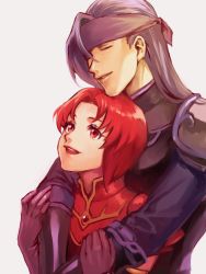 Rule 34 | 1boy, 1girl, armor, bad id, bad pixiv id, black armor, blue hair, couple, closed eyes, fire emblem, fire emblem: the binding blade, galle (fire emblem), gauntlets, gem, grey background, happy, headband, hetero, hug, hug from behind, lips, long hair, looking at another, looking up, lotter75, melady (fire emblem), nintendo, pauldrons, red armor, red eyes, red hair, short hair, shoulder armor, simple background, smile, teeth