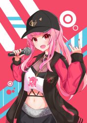 Rule 34 | 1girl, \n/, absurdres, baseball cap, black hat, black jacket, breasts, cleavage, commentary request, cowboy shot, cropped shirt, hands up, haseya 8791, hat, highres, holding, holding microphone, hololive, hololive english, jacket, jewelry, long hair, long sleeves, looking at viewer, medium breasts, microphone, midriff, mori calliope, navel, necklace, open clothes, open jacket, open mouth, pink hair, ponytail, red eyes, shirt, smile, solo, virtual youtuber, white shirt