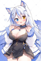 Rule 34 | 1girl, animal ears, bare shoulders, black dress, blue eyes, blue hair, breasts, cat ears, choker, cleavage, coat, commission, detached collar, dress, fangs, frilled choker, frilled coat, frills, grey hair, hair between eyes, hands up, heterochromia, highres, izuminanase, jewelry, large breasts, long hair, long sleeves, looking at viewer, mole, mole on breast, mole under eye, multicolored hair, open clothes, open coat, open mouth, orange eyes, original, pendant, short dress, skeb commission, smile, solo, streaked hair, tareme, thigh gap, very long hair, wide hips, yellow eyes