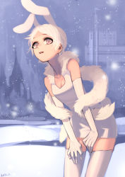 Rule 34 | 1girl, animal ears, bare shoulders, elbow gloves, gloves, highres, original, pink eyes, rabbit ears, shawl, short hair, snow, snowing, solo, thighhighs, wbfish, white hair, white thighhighs