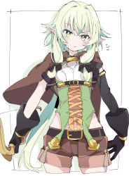 Rule 34 | 1girl, belt, black belt, black gloves, blush, bow (weapon), brown shorts, closed mouth, elf, gloves, goblin slayer!, green eyes, green hair, high elf archer (goblin slayer!), holding, holding bow (weapon), holding weapon, ixy, long hair, looking at viewer, pointy ears, ponytail, shorts, simple background, solo, weapon, white background