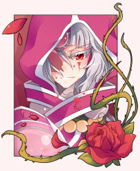 Rule 34 | 1girl, blood, colored eyelashes, ehlly, evil smile, eyelashes, face, flower, hood, incarose, incarose (tales), plant, red eyes, red rose, rose, smile, solo, tales of (series), tales of hearts, vines