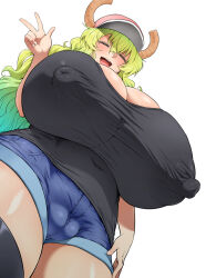Rule 34 | 1girl, ahemaru, black tank top, black thighhighs, breasts, cameltoe, cleavage, cleft of venus, closed eyes, covered erect nipples, curvy, denim, denim shorts, from below, gigantic breasts, gradient hair, green hair, hair between eyes, hat, henriiku (ahemaru), horns, huge nipples, impossible clothes, kobayashi-san chi no maidragon, long hair, lucoa (maidragon), multicolored hair, open mouth, plump, shiny skin, shirt, shorts, simple background, smile, standing, tank top, teeth, thick thighs, thighhighs, thighs, tight clothes, tight shirt, tongue, upper teeth only, v, wavy hair, white background, wide hips