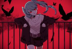 Rule 34 | 1girl, against railing, belt, bird, black jacket, black shorts, blue hair, collarbone, eiku, eyelashes, feathers, hair between eyes, hatsune miku, head tilt, highres, jacket, long hair, long sleeves, looking at viewer, open clothes, open jacket, protected link, railing, red background, red eyes, shirt, shorts, sidelocks, simple background, smile, solo, twintails, vocaloid, white shirt