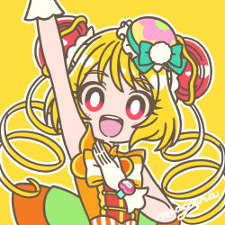 Rule 34 | 1girl, :d, blonde hair, bow, bright pupils, brooch, bun cover, cure yum-yum, delicious party precure, double bun, drill hair, gloves, green bow, hair bun, hanamichi ran, heart, heart brooch, highres, jewelry, long hair, looking at viewer, mayena, open mouth, orange bow, outline, precure, red hair, sleeveless, smile, solo, upper body, white gloves, white outline, white pupils, yellow background, yellow bow