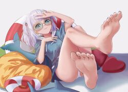 Rule 34 | 1girl, barefoot, blue eyes, blue hair, blue nails, cushion, foreshortening, full body, gawr gura, grey hair, highres, hololive, hololive english, hood, hoodie, innertube, long hair, looking at viewer, multicolored hair, nail polish, panties, pantyshot, pavo543, simple background, smile, soles, solo, streaked hair, sunglasses, swim ring, toenail polish, toenails, two side up, underwear, virtual youtuber, white panties
