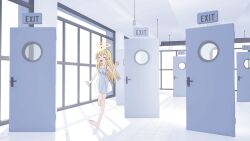 Rule 34 | 1girl, ^ ^, absurdres, ahoge, barefoot, blonde hair, blush, clenched hand, closed eyes, commentary, door, dress, exit sign, halo, hand up, highres, indoors, long hair, numamomi, open mouth, original, running, shadow, short dress, sleeveless, sleeveless dress, smile, solo, sundress, surreal, white dress, white theme, wide shot, window, window shadow