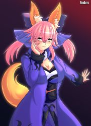 Rule 34 | 1girl, absurdres, animal ear fluff, animal ears, axasempai, blue bow, blue coat, blue ribbon, bow, breasts, cleavage, coat, fate/extella, fate/extra, fate/grand order, fate (series), fox ears, fox girl, fox tail, hair ribbon, hand on own face, highres, japanese clothes, large breasts, long sleeves, looking at viewer, open clothes, open coat, pink hair, ribbon, solo, split ponytail, tail, tamamo (fate), tamamo no mae (fate/extra), yellow eyes