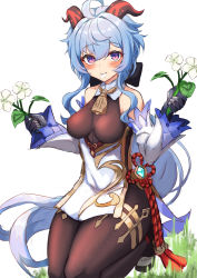 Rule 34 | 1girl, absurdres, ahoge, bare shoulders, bell, black pantyhose, blue hair, blush, breasts, cowbell, detached sleeves, flower, food in mouth, ganyu (genshin impact), genshin impact, goat horns, highres, horns, inre kemomimi, looking at viewer, pantyhose, petals, purple eyes, smile, solo, thighs