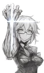 Rule 34 | 1girl, :/, breast pocket, breasts, closed mouth, denki showgun, female focus, frown, glasses, greyscale, hand up, highres, jacket, looking at viewer, monochrome, necktie, organ divider, pocket, semi-rimless eyewear, simple background, small breasts, solo, toda (organ divider), under-rim eyewear, upper body, white background