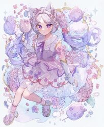 Rule 34 | 1girl, animal ear fluff, animal ears, bare legs, blue hair, blush, bow, bowtie, cat, cat ears, cleavage, cloud, collar, commentary, cotton candy, detached sleeves, dress, flower, frilled collar, frills, gradient hair, hair flower, hair ornament, hairclip, highres, hydrangea, leaf, light frown, looking at viewer, multicolored hair, original, parted bangs, pink dress, pink flower, purple bow, purple bowtie, purple eyes, purple hair, see-through, see-through cleavage, side slit, simple background, sleeveless, sleeveless dress, solo, sparkle, symbol-only commentary, tsukumi bis, twitter username, white background, white sleeves