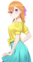 Rule 34 | 1girl, absurdres, aqua skirt, bare shoulders, blush, bow, breasts, commentary request, enpik, from side, furrowed brow, hair between eyes, hair bow, highres, looking at viewer, love live!, love live! superstar!!, medium breasts, medium hair, orange hair, pleated skirt, puffy short sleeves, puffy sleeves, purple bow, purple eyes, shibuya kanon, shirt, short sleeves, skirt, solo, upper body, white background, yellow shirt