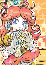 Rule 34 | 1girl, absurdres, blue eyes, breasts, brown hair, crown, daisy, dot nose, dress, finger heart, flower, frilled dress, frills, gloves, happy, heart, heart hands, highres, long hair, looking at viewer, mario (series), medium breasts, mini crown, nintendo, open mouth, orange dress, princess daisy, puffy short sleeves, puffy sleeves, rakugaki shitagari-ya, short sleeves, smile, solo, sparkle, super mario land, teeth, upper teeth only, white flower, white gloves