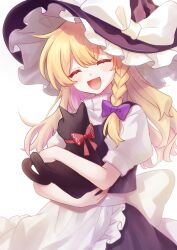 Rule 34 | 1girl, absurdres, animal, animal hug, apron, back bow, black cat, blonde hair, blush, bow, braid, cat, commentary request, hair bow, hakurei kaede, hat, hat bow, highres, kirisame marisa, long hair, open mouth, purple bow, red bow, side braid, single braid, smile, solo, touhou, waist apron, white apron, white bow, witch hat