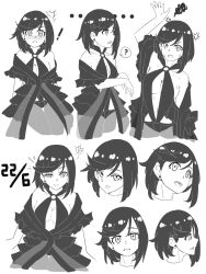 1girl bare_shoulders black_dress black_hair blush breasts commentary_request dress girls&#039;_frontline highres intruder_(girls&#039;_frontline) lone_exiler looking_at_viewer multiple_views open_mouth sangvis_ferri short_hair simple_background sleeveless sleeveless_dress smile solo