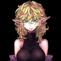 Rule 34 | 1girl, bare shoulders, black background, blonde hair, breasts, collarbone, green eyes, halterneck, large breasts, looking at viewer, messy hair, miata (miata8674), mizuhashi parsee, parted lips, pointy ears, short hair, simple background, solo, touhou, upper body