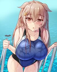 Rule 34 | black one-piece swimsuit, blue one-piece swimsuit, breasts, brown eyes, collarbone, competition school swimsuit, competition swimsuit, hair flaps, hair ornament, hairclip, heterochromia, highleg, highleg swimsuit, highres, kantai collection, large breasts, light brown hair, long hair, montemasa, murasame (kancolle), murasame kai ni (kancolle), one-piece swimsuit, pool, pool ladder, poolside, red eyes, school swimsuit, swimsuit, twitter username, two side up, water, wet, wet clothes, wet swimsuit