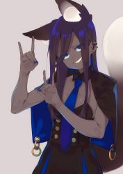 Rule 34 | 1girl, animal ears, blue eyes, capelet, dark skin, dark-skinned female, detached collar, e draw paint, earrings, female focus, fox shadow puppet, grin, highres, jewelry, long hair, nail polish, necktie, original, smile, solo, strapless, tail, wasabi iii