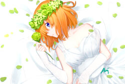 Rule 34 | ani lu, bare shoulders, bed sheet, blue eyes, breasts, cleavage, collarbone, detached sleeves, dress, flower, from above, go-toubun no hanayome, green flower, highres, holding, holding flower, large breasts, nakano yotsuba, orange hair, parted lips, petals, profile, signature, strap slip, wedding dress, white dress, white sleeves