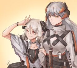 Rule 34 | 2girls, arknights, grey hair, height difference, highres, horns, ifrit (arknights), multiple girls, orange eyes, pitdoo, saria (arknights), upper body
