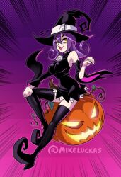 Rule 34 | 1girl, animal ears, black headwear, black sleeves, blair (soul eater), boots, breasts, cat ears, cat girl, detached sleeves, ears through headwear, halloween, hat, jack-o&#039;-lantern, large breasts, long hair, long sleeves, mike luckas, night, night sky, pink background, pumpkin, purple background, purple hair, sideboob, signature, sitting, sky, soul eater, thigh boots, thighhighs, thighs, tongue, twitter username, two-tone background, witch, witch hat, yellow eyes