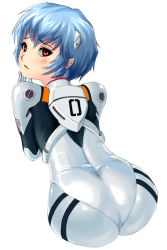 Rule 34 | 1girl, ass, ayanami rei, blue hair, blush, bodysuit, cowboy shot, cropped legs, embarrassed, from behind, gloves, hair ornament, hand on own chin, interface headset, kemi433, kemi (kemi433), leaning forward, looking at viewer, looking back, neon genesis evangelion, pilot suit, plugsuit, raised eyebrows, red eyes, shiny clothes, short hair, simple background, skin tight, solo, turtleneck, white background