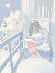 Rule 34 | 1girl, 2023, angel, angel wings, animal, balcony, chair, chinese zodiac, closed eyes, closed mouth, cloud, curtains, day, desk, full moon, grey hair, halo, highres, hork hkhk, long hair, long sleeves, moon, moon in daylight, original, petting, pillow, rabbit, railing, sitting, sky, smile, sweater, white sweater, white wings, wings, year of the rabbit