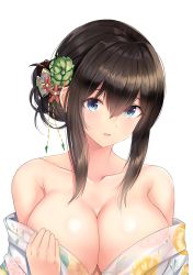 Rule 34 | 1girl, bare shoulders, black hair, blue eyes, blush, breasts, cleavage, collarbone, floral print, flower, hair between eyes, hair bun, hair flower, hair ornament, highres, i.f.s.f, idolmaster, idolmaster cinderella girls, japanese clothes, kimono, large breasts, long hair, looking at viewer, off shoulder, open mouth, parted lips, sagisawa fumika, simple background, single hair bun, solo, white background, white kimono