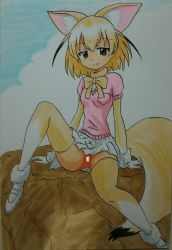 Rule 34 | 1girl, absurdres, animal ears, arm support, ashigaki radar, blonde hair, bow, bowtie, breast pocket, breasts, brown eyes, censored, cloud, fennec (kemono friends), fox ears, fox girl, fox tail, gloves, highres, kemono friends, looking at viewer, mary janes, no panties, pink sweater, pocket, puffy sleeves, pussy, rock, shoes, short hair, short sleeves, sitting, skirt, sky, small breasts, smile, sweater, tail, thighhighs, white footwear, white gloves, white skirt, yellow bow, yellow bowtie, yellow thighhighs
