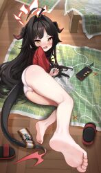Rule 34 | 1girl, absurdres, ass, barefoot, black hair, blue archive, blush, child, comodomodo, feet, highres, horns, kasumi (blue archive), long hair, looking at viewer, map, open mouth, panties, shoes, slippers, soles, tail, toes, underwear, unworn shoes, yellow eyes