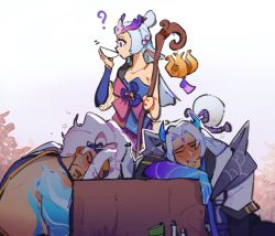 Rule 34 | 2boys, animal ears, artist name, blue skin, blush, bottle, closed eyes, collarbone, colored skin, cup, drooling, drunk, flat chest, gambler carrd, grey background, grey hair, highres, holding, holding cup, holding staff, horns, horse ears, horse girl, league of legends, lillia (league of legends), long hair, multicolored hair, multiple boys, open mouth, simple background, single bare shoulder, sleeping, spirit blossom lillia, spirit blossom yasuo, spirit blossom yone, squeans, staff, teeth, yasuo (league of legends), yone (league of legends)