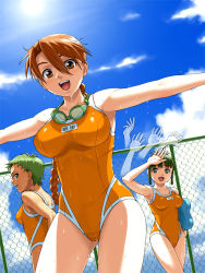 Rule 34 | 3girls, :d, ahoge, arm up, armpits, blue sky, blunt bangs, blush, braid, breasts, brown eyes, brown hair, chain-link fence, cloud, cowboy shot, day, dutch angle, fence, from side, goggles, goggles around neck, green eyes, green hair, hair between eyes, hair up, hand on own head, holding, kickboard, large breasts, long hair, looking at viewer, looking back, motion blur, multiple girls, name tag, nigou, one-piece swimsuit, open mouth, orange eyes, orange hair, orange one-piece swimsuit, outstretched arms, profile, school swimsuit, shading eyes, short hair, single braid, single vertical stripe, sky, small breasts, smile, spread arms, standing, swimsuit, thighs, tomboy, very long hair, wet, wet clothes, wide hips