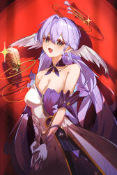 Rule 34 | 1girl, :d, asymmetrical gloves, bare shoulders, breasts, cleavage, cowboy shot, curtains, detached sleeves, dress, earrings, elbow gloves, feathered wings, gloves, green eyes, hair intakes, halo, head wings, hereokita, highres, honkai: star rail, honkai (series), jewelry, long hair, looking at viewer, medium breasts, microphone, necklace, open mouth, purple dress, purple gloves, purple hair, purple sleeves, robin (honkai: star rail), smile, solo, sparkle, spotlight, steepled fingers, strapless, strapless dress, treble clef, two-tone dress, uneven gloves, white dress, white wings, wings