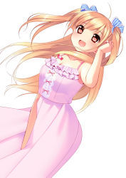 Rule 34 | 1girl, :d, between legs, blonde hair, blush, bow, breasts, brown eyes, cleavage, collarbone, hair bow, hand between legs, open mouth, original, piyodera mucha, smile, solo, two side up