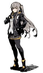 Rule 34 | 1girl, black gloves, black jacket, black pantyhose, blush, boots, breasts, brown eyes, closed mouth, fingerless gloves, full body, girls&#039; frontline, gloves, grey hair, grey skirt, hair between eyes, hood, hooded jacket, jacket, long hair, looking at viewer, one side up, pantyhose, scar, scar across eye, scar on face, shirt, simple background, skirt, small breasts, solo, tsuki tokage, ump45 (girls&#039; frontline), white background, white shirt