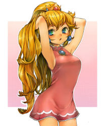 Rule 34 | 1girl, adapted costume, armpits, arms up, blonde hair, blue eyes, blush, breasts, crown, dress, earrings, gradient background, hands in hair, jewelry, kiro (an kilo), kiro (pixiv), large breasts, lingerie, long hair, mario (series), multicolored eyes, nightgown, nintendo, pink background, pink dress, ponytail, princess peach, shirt, sideboob, simple background, solo, standing, taut clothes, taut shirt, underwear, very long hair