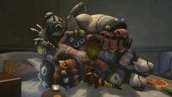 Rule 34 | 2boys, anal, animated, animated gif, bed, erection, fat, fat man, food, gloves, happy sex, huge penis, junkrat (overwatch), leg lift, lying, male focus, male penetrated, mask, multiple boys, naughty face, overwatch, overwatch 1, penis, pizza, roadhog (overwatch), sex, size difference, source filmmaker (medium), tattoo, yaoi