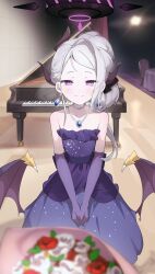 Rule 34 | 1girl, absurdres, bare shoulders, blue archive, elbow gloves, gloves, highres, hina (blue archive), hina (dress) (blue archive), horns, instrument, looking at viewer, n sol, piano, purple eyes, smile, solo, strapless, white hair, wings