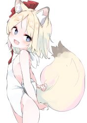 Rule 34 | 1girl, absurdres, animal ear fluff, animal ears, blonde hair, blue eyes, blush, casual one-piece swimsuit, fang, fox ears, fox girl, fox tail, from side, gingerbullet, groin, highleg, highleg swimsuit, highres, holding own tail, looking back, one-piece swimsuit, open mouth, original, ribbon, short hair, simple background, smile, solo, swimsuit, tail, thighs, white background, white one-piece swimsuit