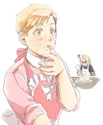 Rule 34 | 2boys, alphonse elric, annoyed, apron, black shirt, blonde hair, bow, brothers, cake, close-up, collared shirt, colored eyelashes, edward elric, expressionless, eyelashes, finger to mouth, fingernails, food, food on face, frilled apron, frills, fruit, fullmetal alchemist, hand up, head down, high collar, icing, licking, licking finger, light blush, long sleeves, looking afar, looking down, male focus, multiple boys, no mouth, no nose, pai (1111), pastry bag, pink apron, pink ribbon, pink shirt, ribbon, shirt, siblings, simple background, sleeves rolled up, squiggle, strawberry, swept bangs, table, tareme, tongue, tongue out, tray, upper body, v-shaped eyebrows, waist bow, white background, white ribbon, yellow eyes
