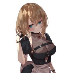 Rule 34 | 1girl, absurdres, aogiri koukou, apron, aqua eyes, black dress, black gloves, blush, bracelet, breasts, brown hair, cleavage, closed mouth, collarbone, commentary request, dress, gloves, hair between eyes, hand in own hair, hand up, highres, jewelry, kkix25, kurikoma komaru, large breasts, looking to the side, puffy short sleeves, puffy sleeves, see-through, see-through cleavage, short hair, short sleeves, simple background, solo, virtual youtuber, waist apron, white background