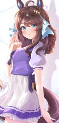 Rule 34 | 1girl, absurdres, ahoge, animal ears, blue eyes, blush, brown hair, daring tact (umamusume), frilled skirt, frills, from side, hair ribbon, highres, horse ears, horse girl, horse tail, long hair, looking to the side, parted lips, puffy short sleeves, puffy sleeves, purple shirt, ribbon, school uniform, shirt, short sleeves, skirt, sky cappuccino, solo, tail, tracen school uniform, umamusume, white skirt