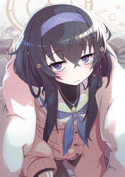 Rule 34 | 1girl, bags under eyes, black hair, blue archive, blue eyes, blue hairband, blue neckerchief, closed mouth, futon, hairband, jewelry, krono tokage, long hair, long sleeves, looking at viewer, neckerchief, necklace, solo, ui (blue archive)